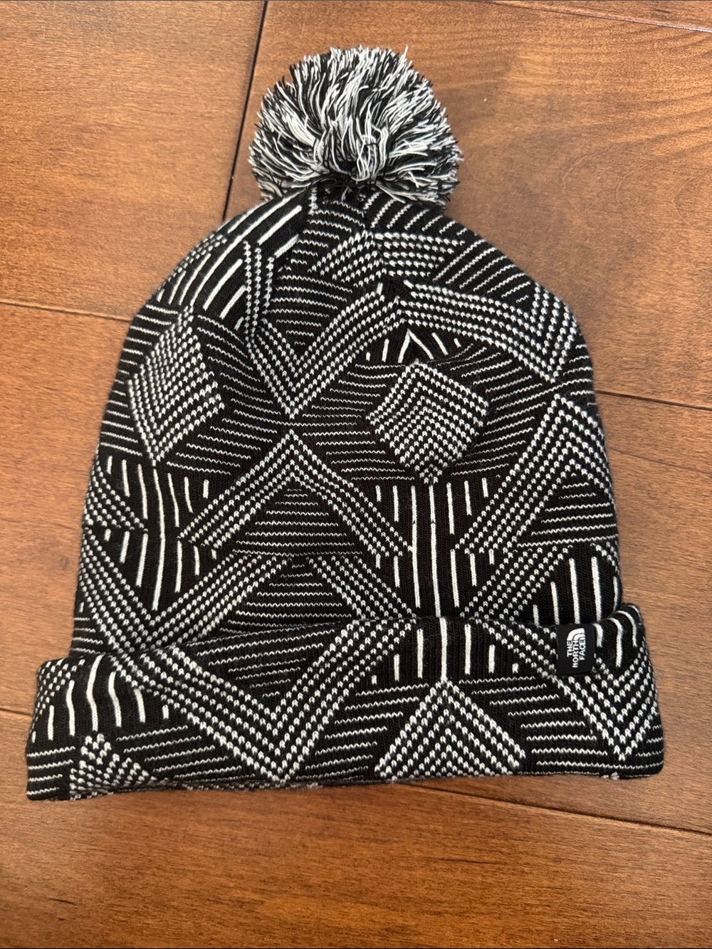 The North Face Black & White Patterned Pom Cuff Beanie